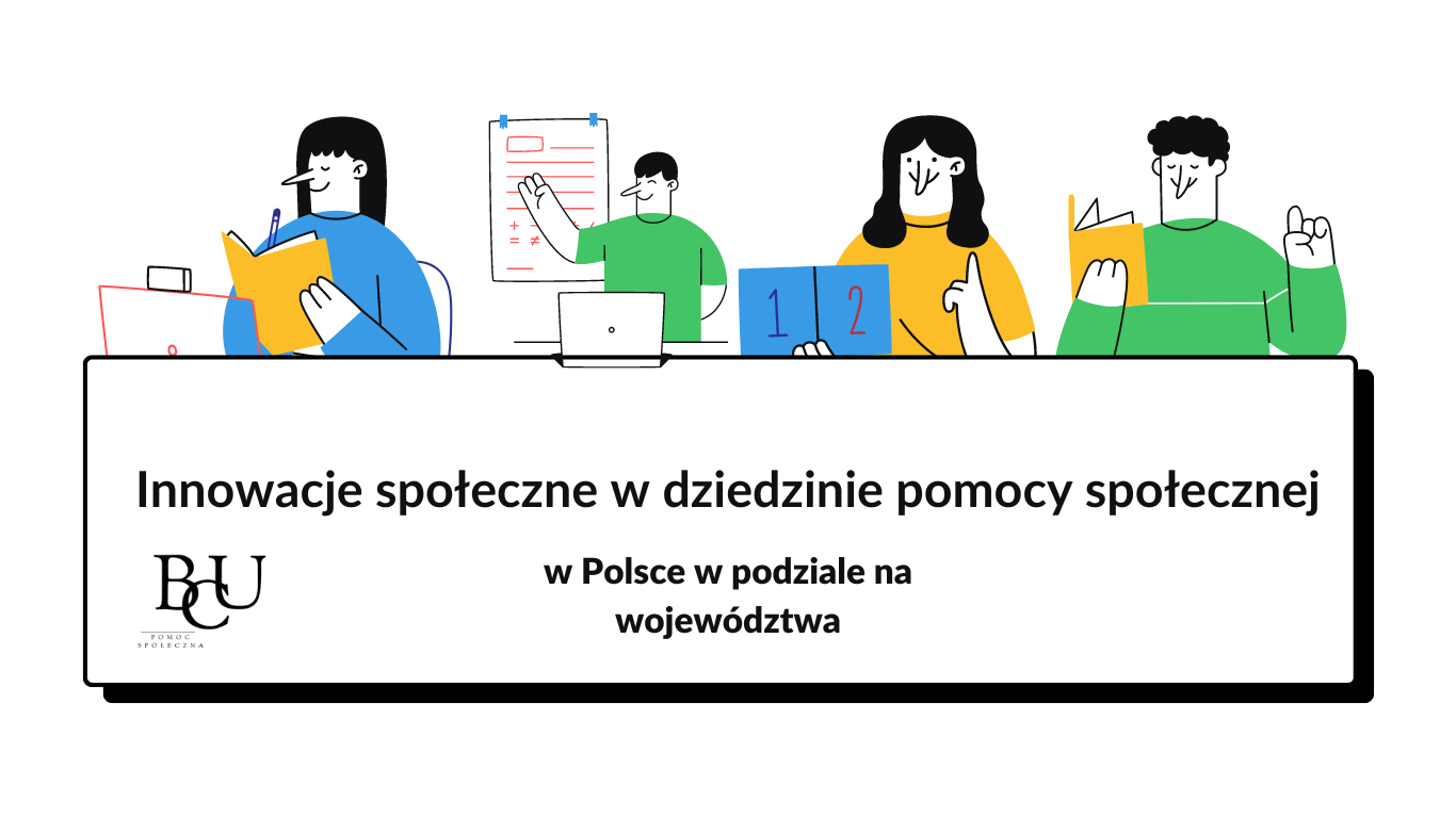 Cztery emotikony osób i napis Innowacje społeczne w dziedzinie pomocy społecznej w Polsce w podziale na województwa