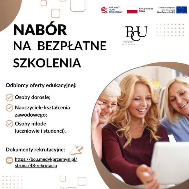 Obraz przedstawiający trzy kobiety, oraz napis Nabór na bezpłatne szkolenia, odbiorcy oferty: osoby młode, osoby dorosłe, nauczyciele kształcenia zawodowego, link do rejestracji na stronie