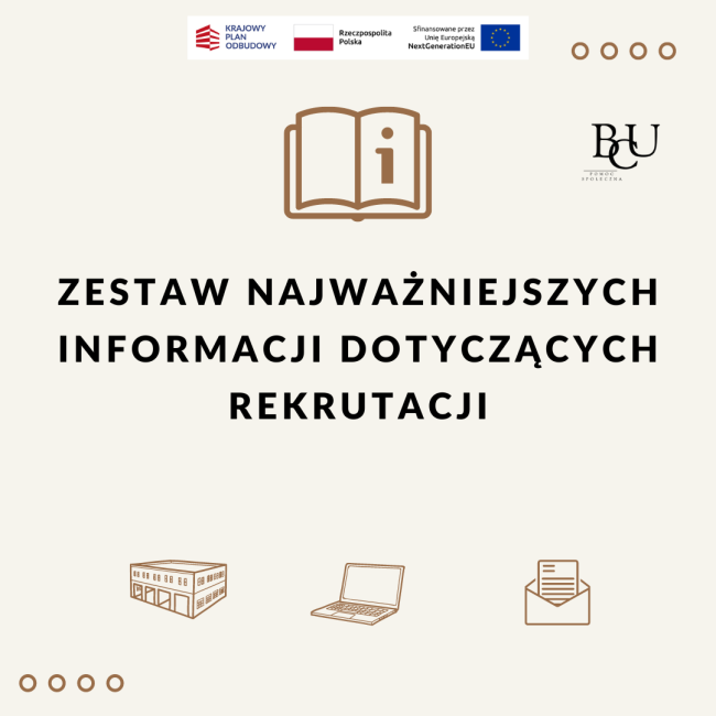 Napis WAŻNE INFORMACJE DOTYCZĄCE REKRUTACJI, emotikona budynku, laptopa i koperty z listem. Logo BCU, książka z literą'i",