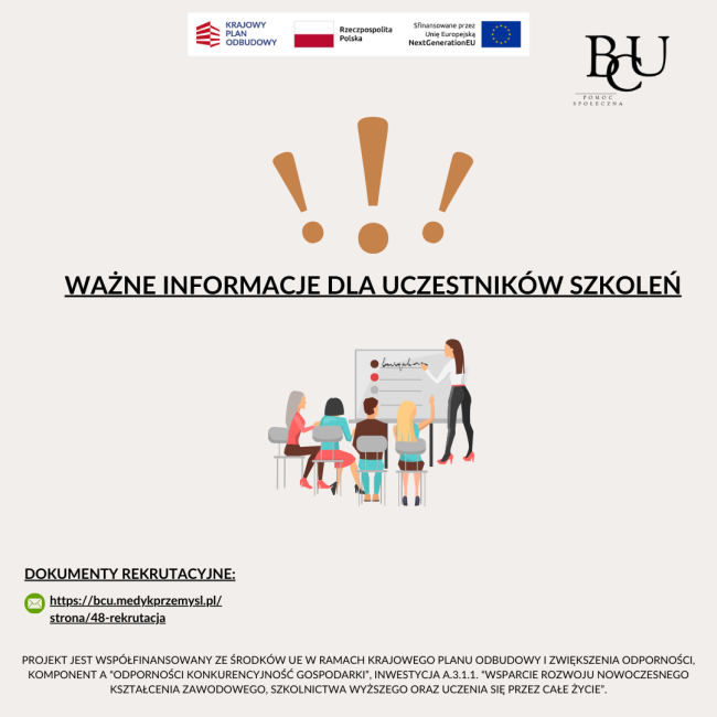 Ważna informacja dla uczestników szkoleń. Logo BCU, KPO RP i UE. 