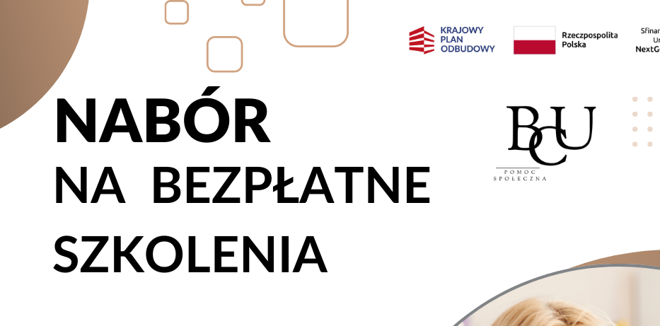 Obraz przedstawiający trzy kobiety, oraz napis Nabór na bezpłatne szkolenia, odbiorcy oferty: osoby młode, osoby dorosłe, nauczyciele kształcenia zawodowego, link do rejestracji na stronie