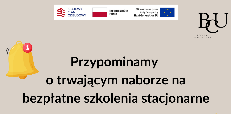 Przypominamy o trwającym naborze na bezpłatne stacjonarne szkolenia. Adres strony internetowa. Numer kontaktowy i email